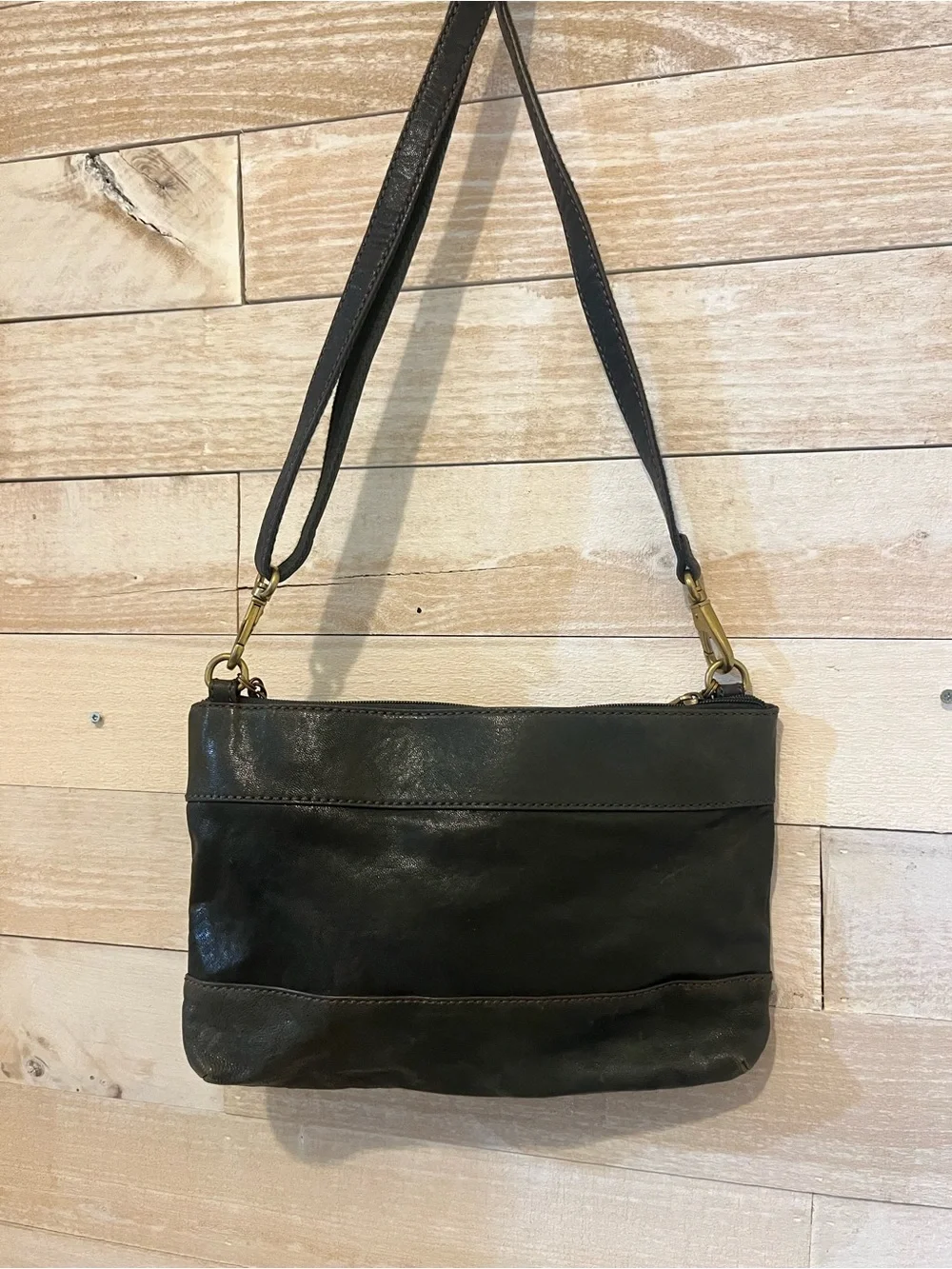 Fossil Green Leather Crossbody with Chain Detail - Picture 2 of 9